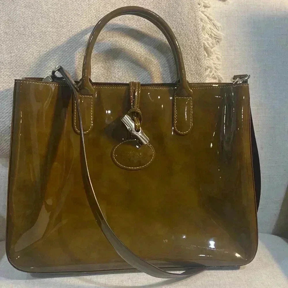 LONGCHAMP Brown Tortoise Patent Leather Large Roseau Toggle Tote - Picture 2 of 14
